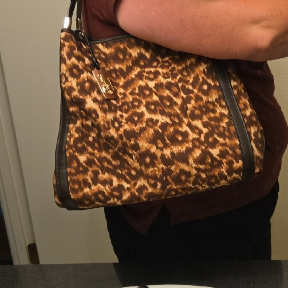 Coach Leopard Print Shoulder Bag Brown Tan Animal Print Tote Purse Leather Trim